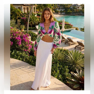 NEW Caroline Constas NY Sz L Linen Resort Puff Sleeve Twist Top